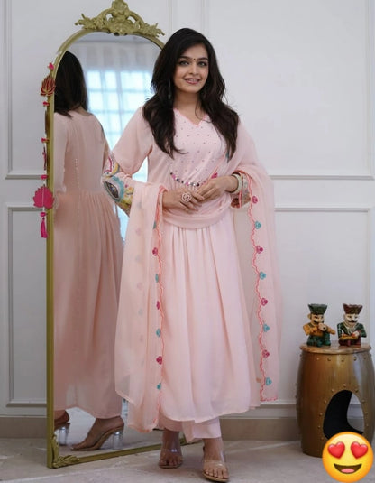 Pastel Pink Anarkali Set with Embroidered Sleeves & Scalloped Dupatta