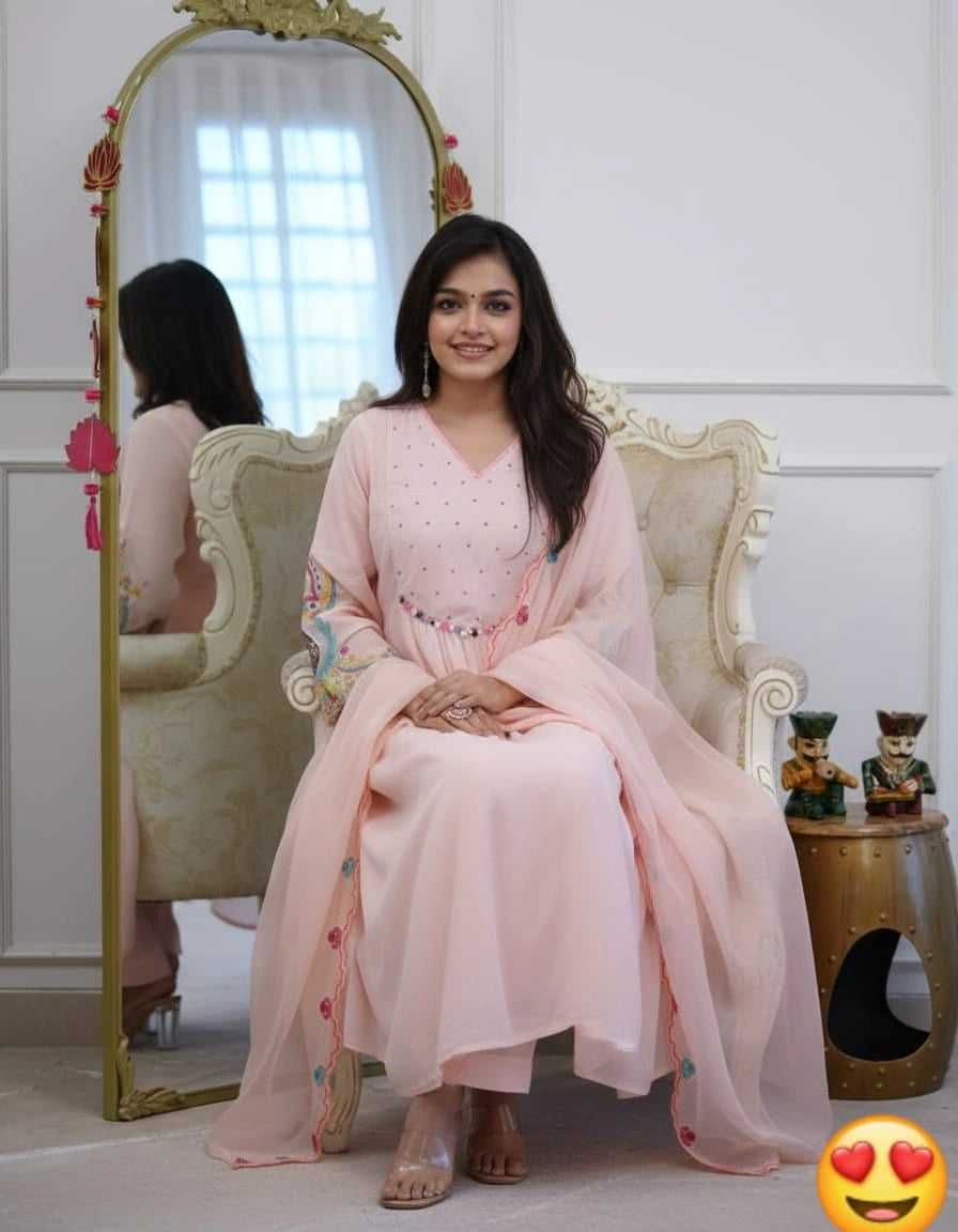 Pastel Pink Anarkali Set with Embroidered Sleeves & Scalloped Dupatta