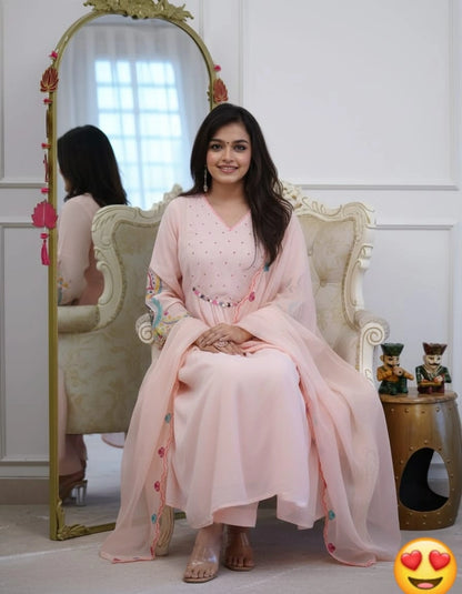 Pastel Pink Anarkali Set with Embroidered Sleeves & Scalloped Dupatta