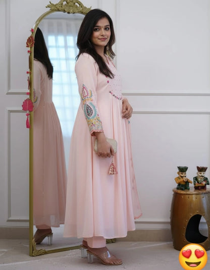 Pastel Pink Anarkali Set with Embroidered Sleeves & Scalloped Dupatta
