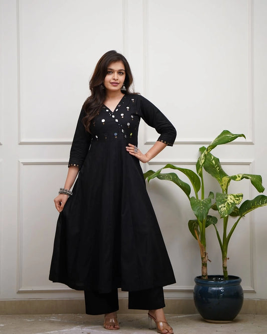 Classic Black Mirror Work Anarkali Suit Set (V-Neck)
