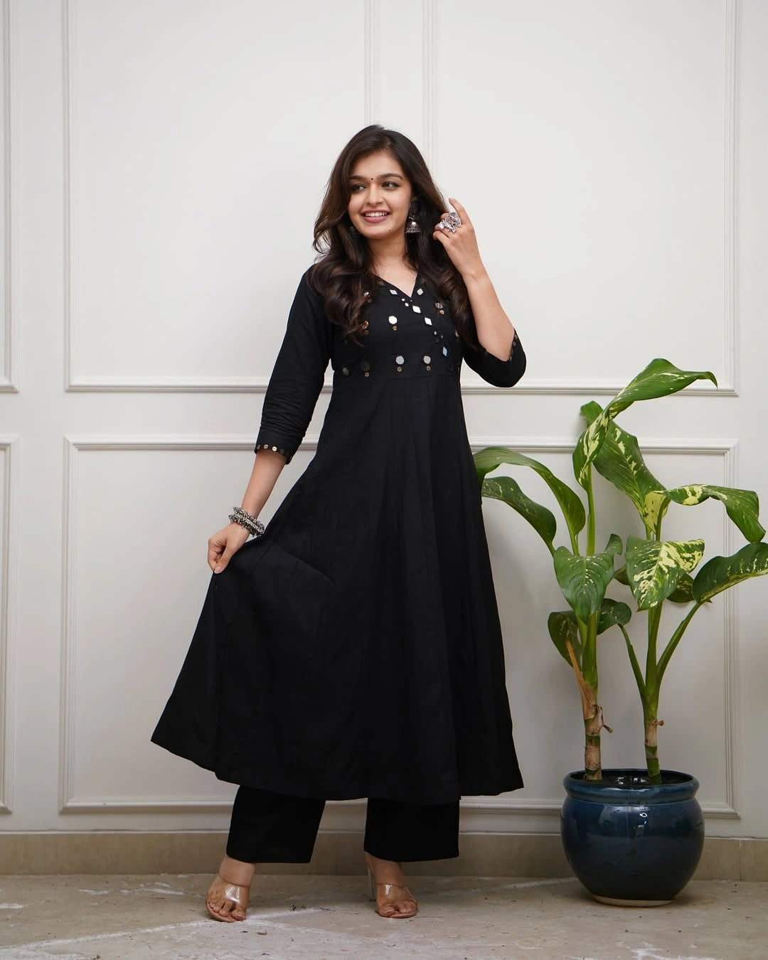 Classic Black Mirror Work Anarkali Suit Set (V-Neck)