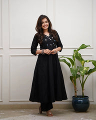 Classic Black Mirror Work Anarkali Suit Set (V-Neck)