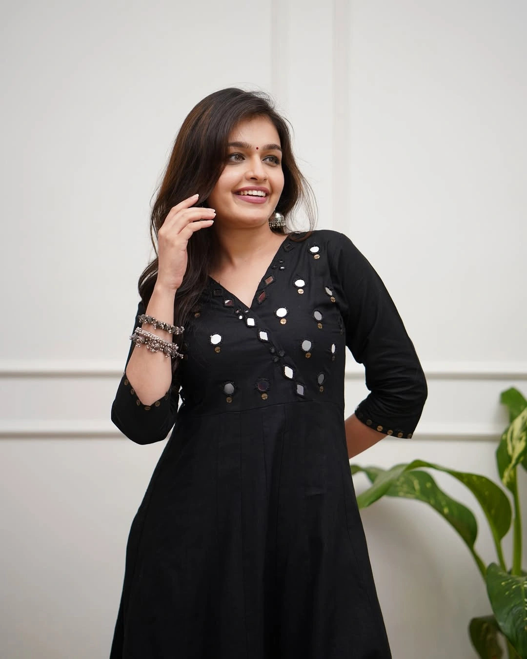 Classic Black Mirror Work Anarkali Suit Set (V-Neck)