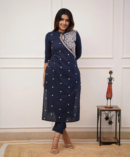 Black & White Asymmetric Embroidered Kurta Set with Pocket