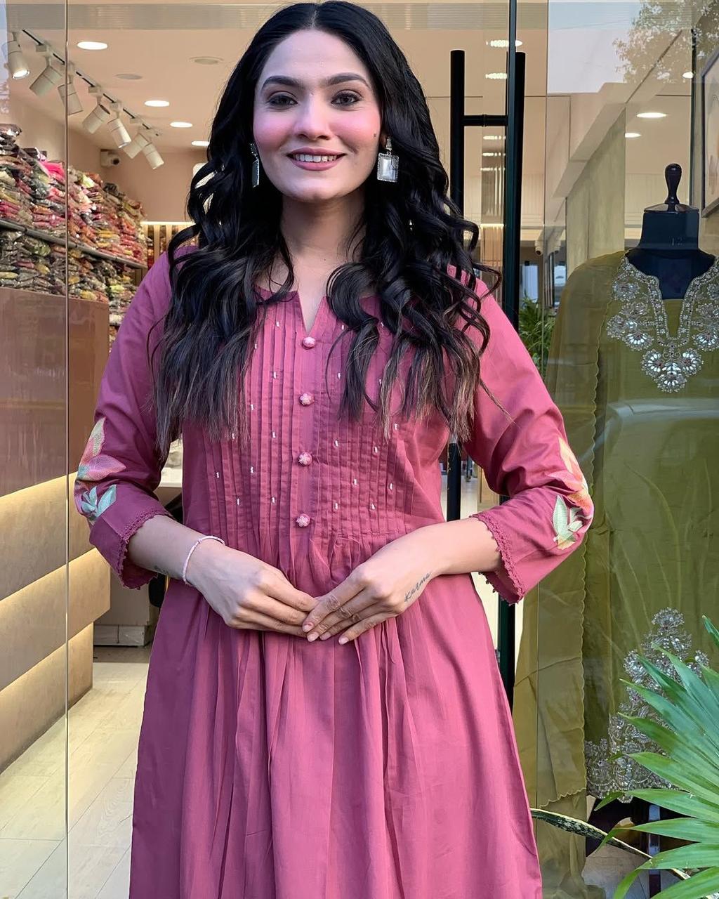 Rose Pintuck Anarkali Set with Floral Hem Embroidery