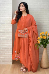 Rust Orange Pintuck Anarkali Set with Floral Hem