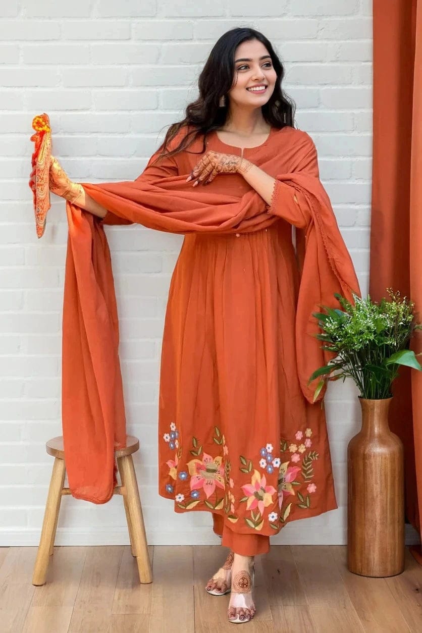 Rust Orange Pintuck Anarkali Set with Floral Hem
