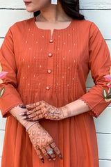 Rust Orange Pintuck Anarkali Set with Floral Hem