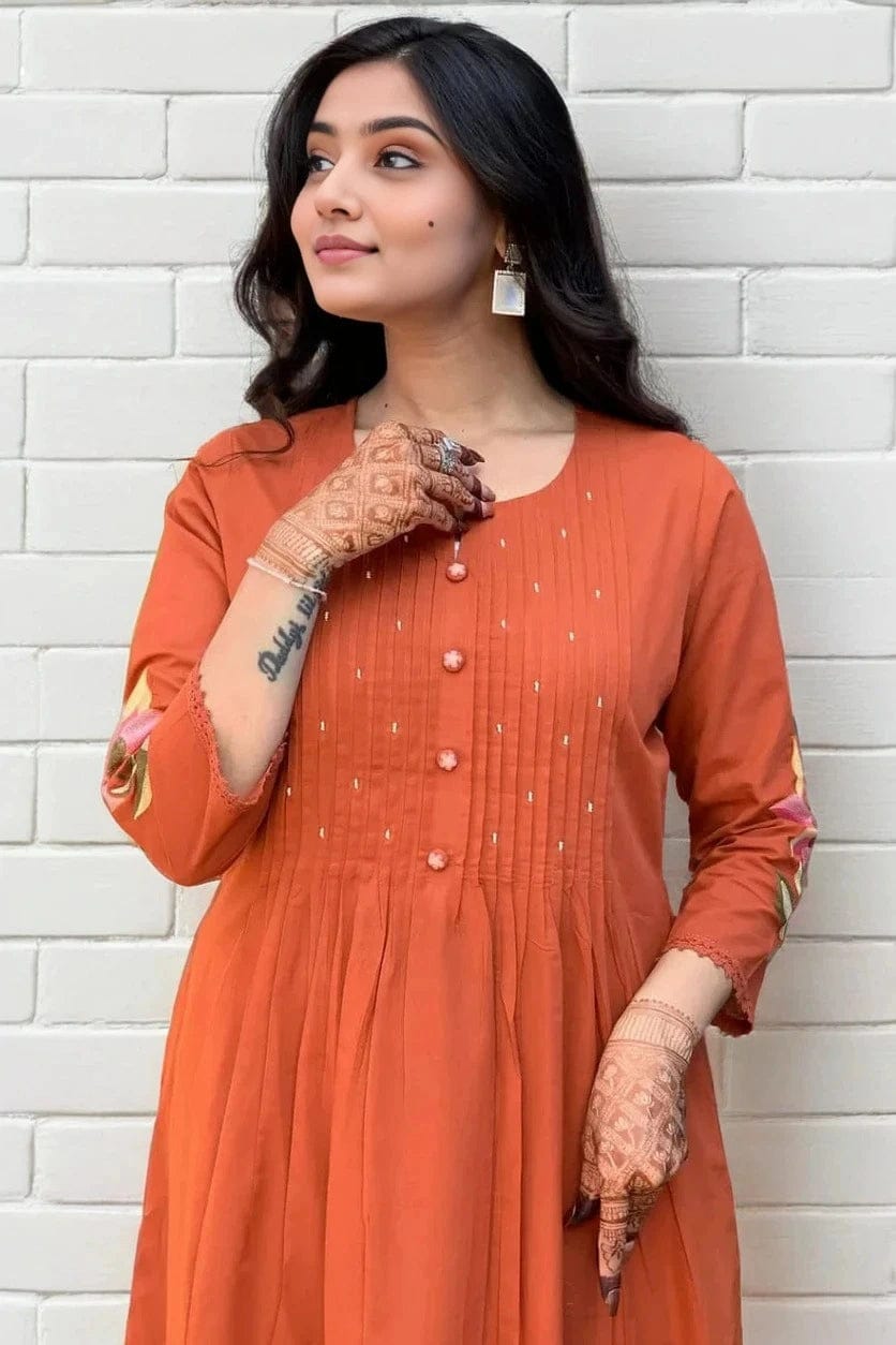 Rust Orange Pintuck Anarkali Set with Floral Hem