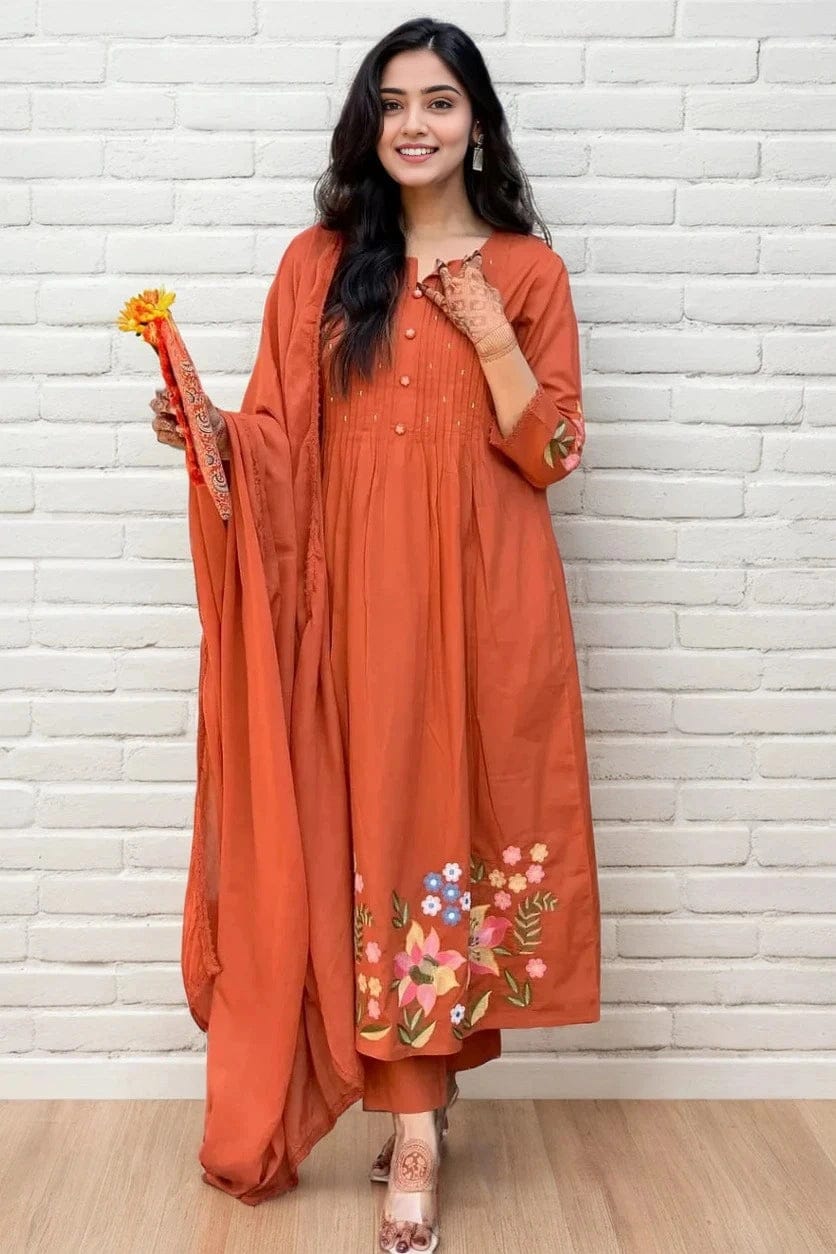 Rust Orange Pintuck Anarkali Set with Floral Hem