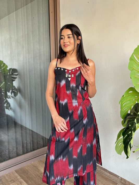 Red & Black Ikat Print Sleeveless Kurta Set with Mirror Work Embellishments