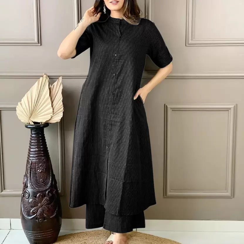 Black Katha Cotton Kurta and Palazzo Set